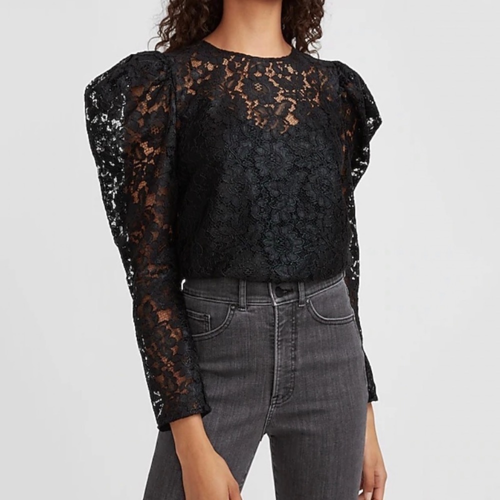 NEW Express Semi Sheer Lace Puff Sleeve Long Sleeve Top In Black